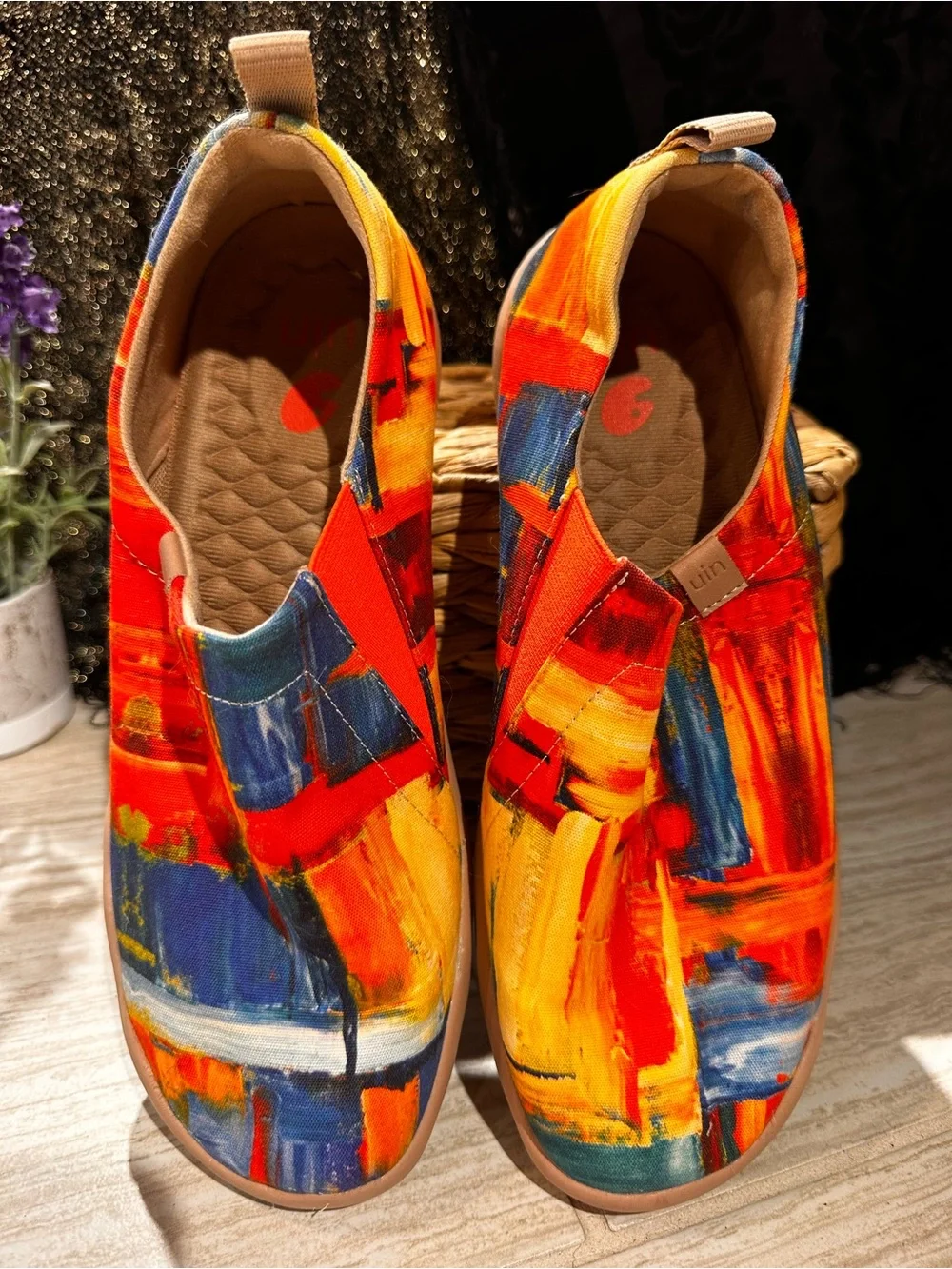 UIN Women's Slip-On Sneakers in Red, Yellow & Blue Abstract Print